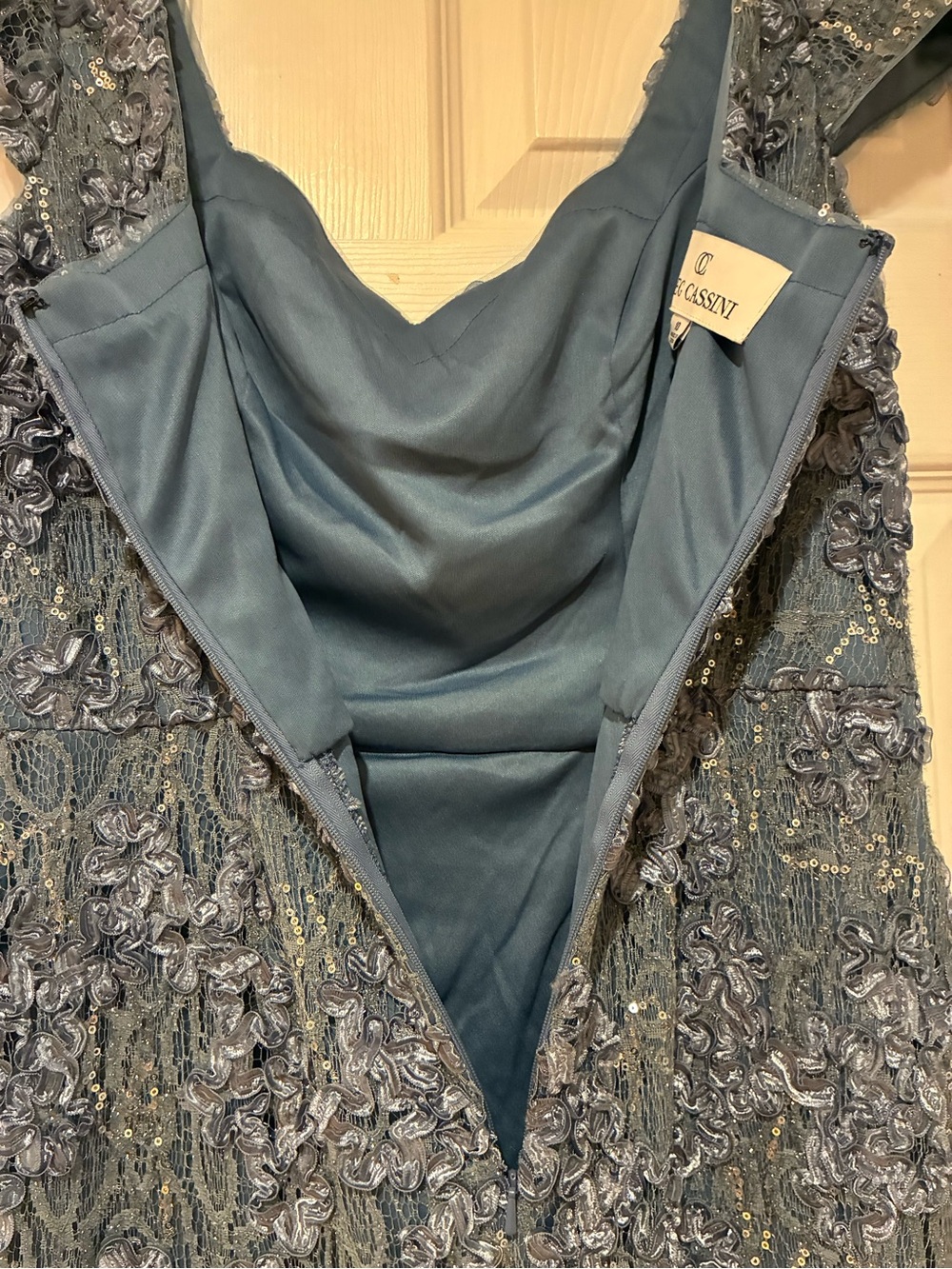 Oleg Cassini Dusty Blue Lace Beaded Maxi Gown - Picture 6 of 10
